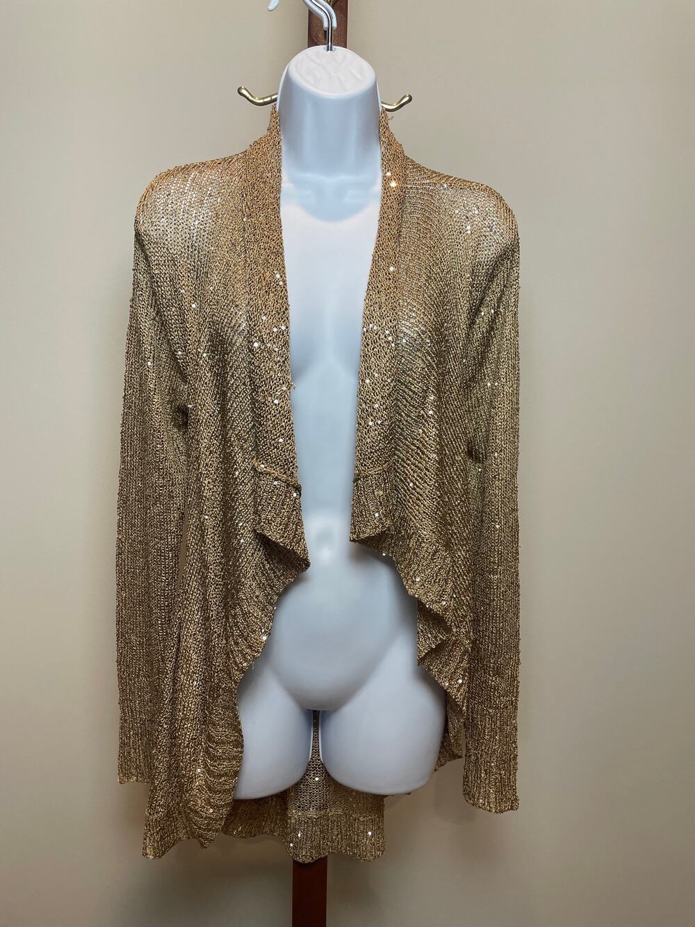 Boston Proper Size M Tan Open Knit Wrap Gold Sequins Detail Lightweight